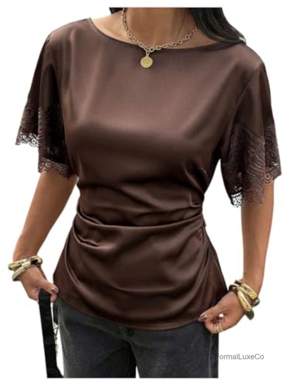 Satin Lace Blouse Cinched Waist Tie Back Dressy Top